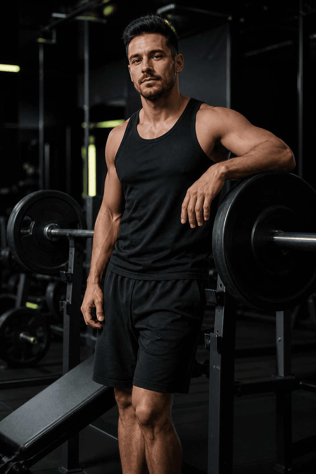 Coach in palestra, bilanciere e luce bassa